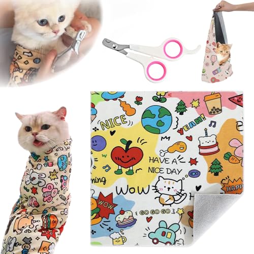 Snrtevu Velcro Fabric Wrap for Cats, Cat Wrap for Cutting Nails, Cat Grooming Wrap, Anti-Bite Cat Wrap for Cutting Nails Self-Adherent, Anti-Bite, Anti-Scratch (Style-7,L) von Snrtevu