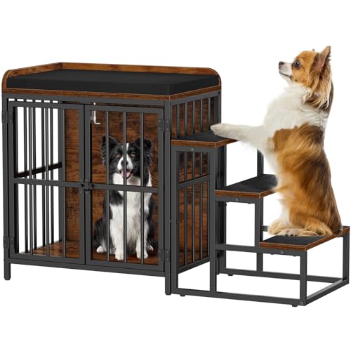 Snughome Hundekäfig-Möbel mit Treppe, 105 cm, Holz-Hundehütte für den Innenbereich mit Doppeltüren, Möbelstil, Hundebox mit Kissen für Hunde, robuster Hundekäfig für kleine/mittelgroße Hunde, von Snughome