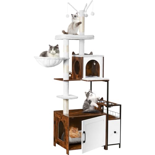 Snughome Katzenbaum mit Katzenklo Gehege, 3 in 1 Modern Katzenturm für Indoor Katzen, Versteckte Katzentoilette Möbel mit Katzenhütte, Futterstation und Hängematten, All-in-One Katzenmöbel, Rustikales von Snughome