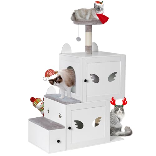 Snughome Kratzbaum mit Katzentoilettengehege, 3 in 1 Katzenturm aus Holz für Innenkatzen, Doppelt Versteckte Katzentoilette Schrank Möbel mit Katzentreppe, Kratzbaum, Indoor Katzenhaus für 2 Katzen, von Snughome