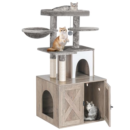 Snughome Katzentoilette Gehege mit Katzenbaum Turm und Wohnung, Versteckte Katzen Waschraum Möbel mit Sisal Kratzbaum und Weiche Plüschstange, Holz Katzenmöbel mit Mehrere Plattformen, Grau von Snughome