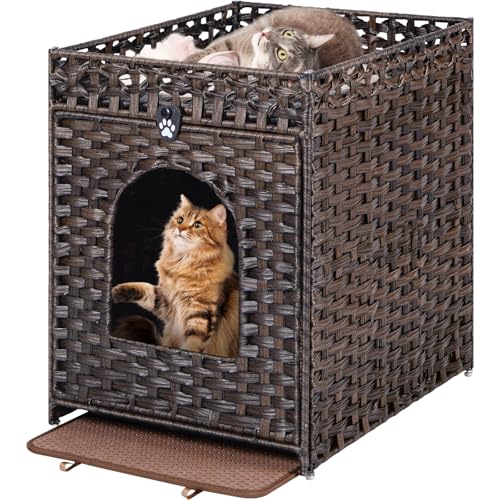 Snughome Katzentoilette Gehege mit Katzenklo Matte, Versteckte Katzen-Waschraum-Möbel mit Tür, Handgewebte Rattan-Katzen-Waschraumbox, Indoor-Haustierhaus-Aufbewahrung für Wohnzimmer, Schlafzimmer, von Snughome