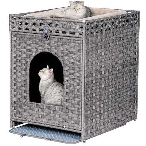 Snughome Katzentoilette mit versteckter Katzentoilette, versteckte Katzen-Waschraum-Möbel mit Tür, handgewebte Rattan-Katzen-Waschraumbox, Haustierhaus für Wohnzimmer, Schlafzimmer (grau) von Snughome