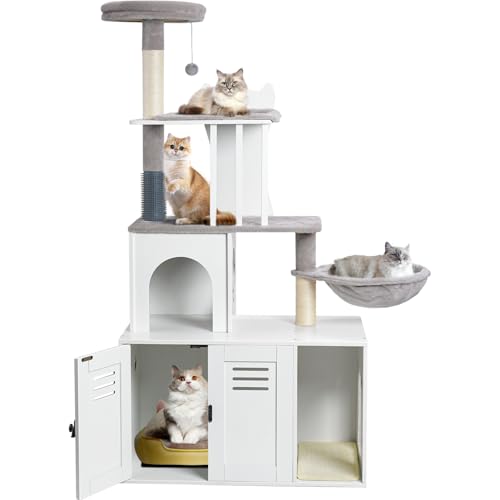 Snughome Katzentoilette mit Katzenbaumturm und Höhle, versteckte Katzen-Waschraummöbel mit Sisal-Kratzbaum und weicher Plüsch-Sitzstange (Weiß) von Snughome