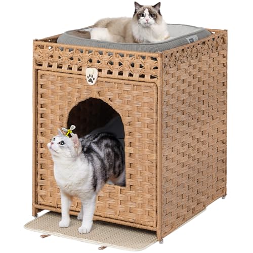 Snughome Katzentoilette mit versteckter Katzentoilette, versteckte Katzen-Waschraum-Möbel mit Tür, handgewebte Rattan-Katzen-Waschraumbox, Haustierhaus für Wohnzimmer, Schlafzimmer (Natur) von Snughome