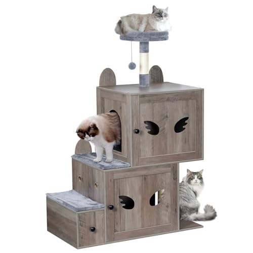 Snughome Katzenbaum mit Katzentoilettengehege, 3 in 1 Moderner Katzenturm für Innenkatzen, Doppelt Versteckte Katzentoilette Schrank Möbel mit Katzentreppe, Kratzbaum, Indoor Katzenhaus für 2 Katzen, von Snughome