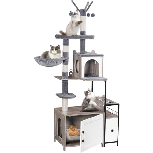 Snughome Kratzbaum mit Katzentoilette, 3-in-1 moderner Katzenturm für Indoor-Katzen, 170 cm verstecktes Katzenklo Möbel mit Katzenhütte, Futterstation und Hängematten, All-in-One-Katzenmöbel, Grau von Snughome