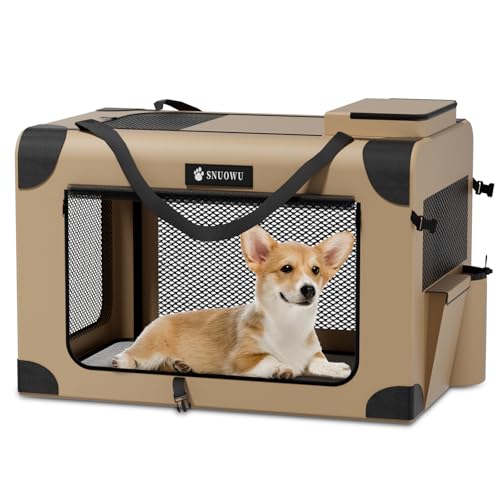 SNUOWU Faltbare Hundebox, 76,2 cm, 3 Türen, tragbare Reise-Hundebox für mittelgroße Hunde, faltbar, weich, für drinnen und draußen, 76,2 cm L x 53,3 cm B x 53,3 cm H, Khaki von Snuowu