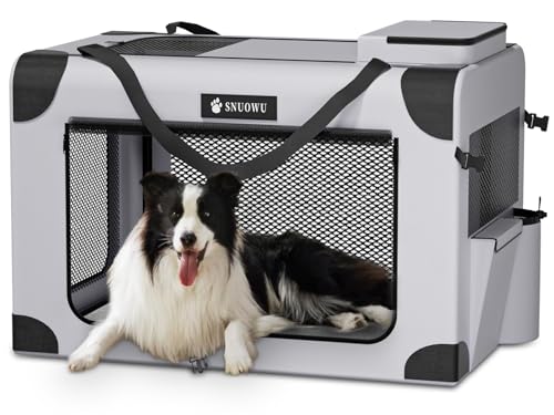 SNUOWU Faltbare Hundebox, 91,4 cm, 3 Türen, tragbare Reise-Hundebox für große Hunde, faltbar, weich, für drinnen und draußen, Haustierhaus (91,4 cm L x 63,5 cm B x 63,5 cm H, Grau) von Snuowu