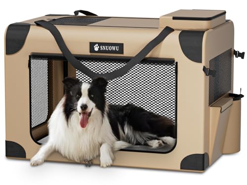 SNUOWU Faltbare Hundebox, 91,4 cm, 3 Türen, tragbare Reise-Hundebox für große Hunde, faltbare weiche Hundebox, Haustierhütte für drinnen und draußen, 91,4 cm L x 63,5 cm B x 63,5 cm H, Khaki von Snuowu