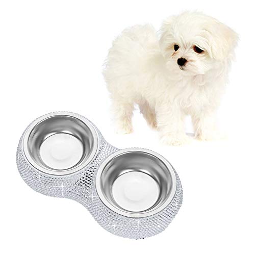 Soleebee Bling Strass Haustier Hundefutter Hunde Fressnapf Wasser Futterspender Schüssel Doppelgebrauch Teller - Silber von Soleebee