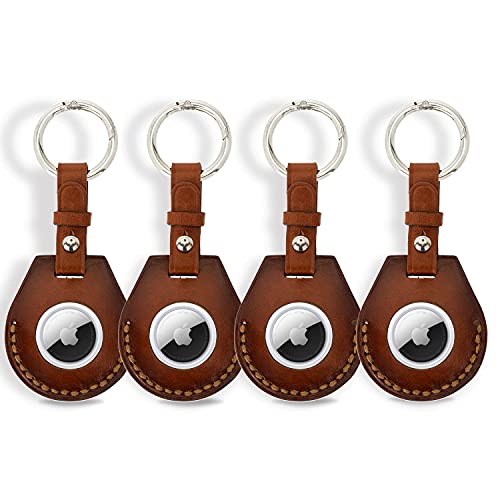 Solo Pelle Lederhülle kompatibel mit dem neuen AirTag 2021, AirTag Zubehör mit Schlüsselanhänger/Taschenanhänger/Kofferanhänger/Gepäckanhänger/Hundehalsband Anhänger (4 x Cognac Braun) von Solo Pelle