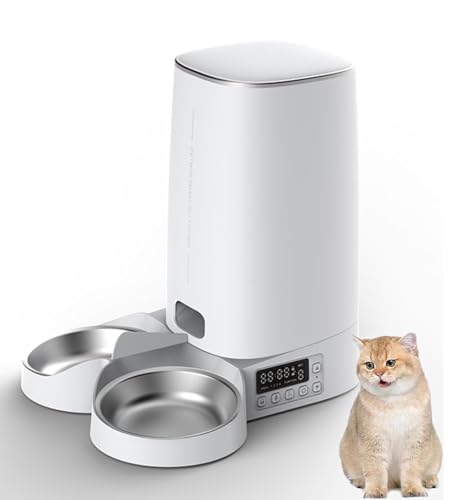 Futterautomat für Katzen, 4L Katzenfutter Automat APP Gesteuert, Automatischer Futterspender für Katzen/Hunde, Zeitgesteuerte Fütterung, Akku- & Netzbetrieben (Zwei Napf, Timer-Version) von Somedy