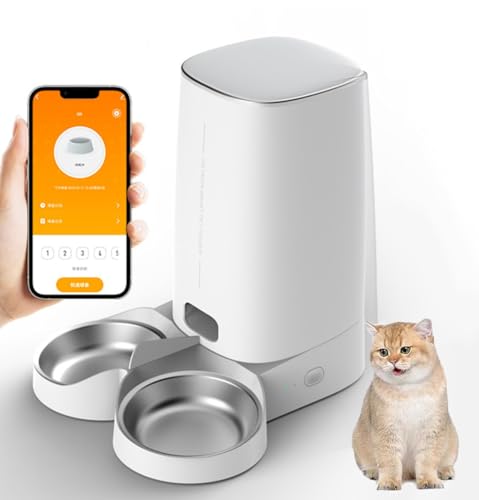 Futterautomat für Katzen, 4L Katzenfutter Automat APP Gesteuert, Automatischer Futterspender für Katzen/Hunde, Zeitgesteuerte Fütterung, Akku- & Netzbetrieben (Zwei Napf, WLAN-Version) von Somedy