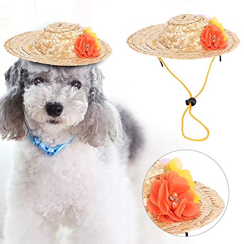 Sonew Haustierhut aus Strohmaterial für Hunde und Katzen, Verstellbarer Haustier-Strohhut mit Bunten Blumen, Leichter Sonnenhut für Kleine, Mittelgroße und Große Haustiere, Ideal von Sonew