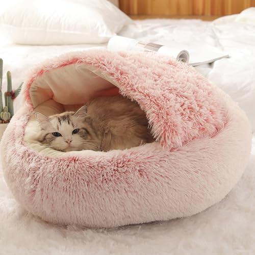 Katzenbett, Höhle, rund, weiches Plüsch, mit Kapuze, Donut, flauschiges Haustier-Schlafbett, selbstwärmendes Kuschelkissen für den Innenbereich, kleine, mittelgroße Hunde und Katzen, 50 x 50 cm von Sonhomay