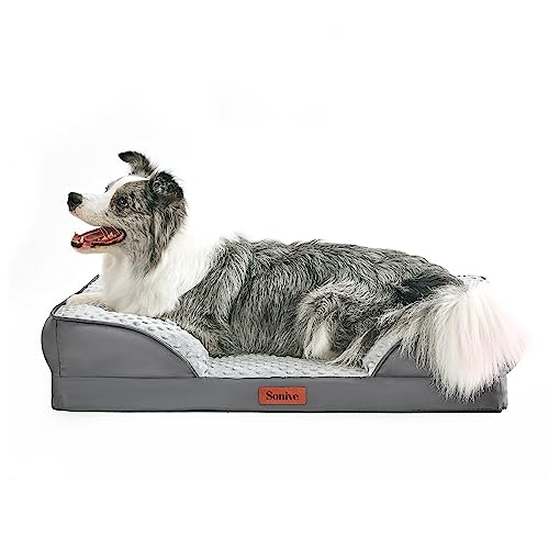 SONIVE Ergonomisches Hundesofa, Wasserdichtes Orthopädisches Hundebett mit eierförmiger Kistenschaum, waschbares abnehmbares Bezug und rutschfeste Unterseite, Mittelgroße Hunde/Katzen, Grau 89x63x17cm von Sonive