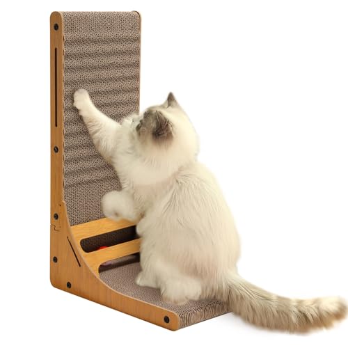 Sonnewelt Katzen Kratzbrett, L förmige Kratzpappe für Katzen 62 cm Hohe Katzenkratzbrett mit Ballspielzeug, Groß Katzen Kratzmöbel für Wand und Ecke Kratzbrett Pappe kratzbrett Katze von Sonnewelt