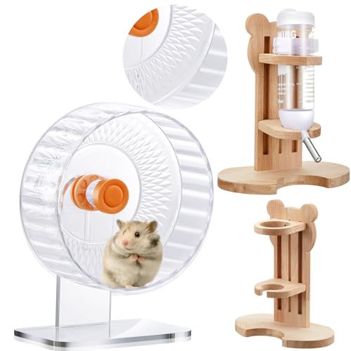 Sonwyoung 2 Stück 22,9 cm transparente, leise Hamster-Trainingsräder und Hamster-Wasserflaschen-Set, Meerschweinchen-Laufräder mit verstellbarem Ständer, Wasserspender, Ständer für Meerschweinchen, von Sonwyoung