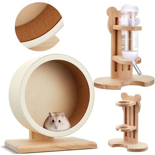 Sonwyoung 2 Stück Leise Hamster Übungsräder und Hamster Wasserflasche mit verstellbarem Ständer Set Holz Leise Spinner Hamster Laufräder Kleintiere Wasserflasche Spender für Meerschweinchen Rennmäuse von Sonwyoung