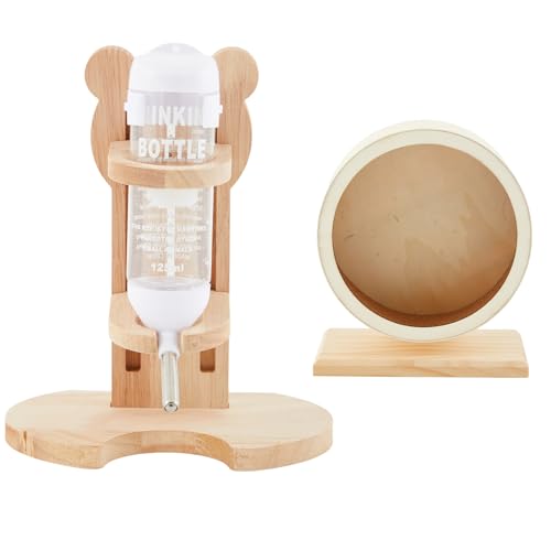 Sonwyoung 2 Stück Leise Hamster Übungsräder und Hamster Wasserflasche mit verstellbarem Ständer Set Holz Leise Spinner Hamster Laufräder Kleintiere Wasserflasche Spender für Meerschweinchen Rennmäuse von Sonwyoung