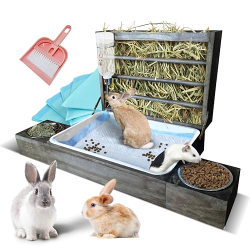 4-in-1 Kaninchentoilette mit Heu-Futterstation für kleine Haustiere – Mehrzweck-Klo aus robustem Holz für Meerschweinchen & Kaninchen, mit Heu-Futterstation und Futter- und Wassernäpfen, Trinkflasche, von Sophie's Pets