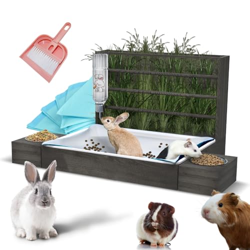 4-in-1 Kaninchentoilette mit Heu-Futterstation für kleine Haustiere – Mehrzweck-Klo aus robustem Holz für Meerschweinchen & Kaninchen, mit Heu-Futterstation und Futter- und Wassernäpfen, Trinkflasche, von Sophie's Pets