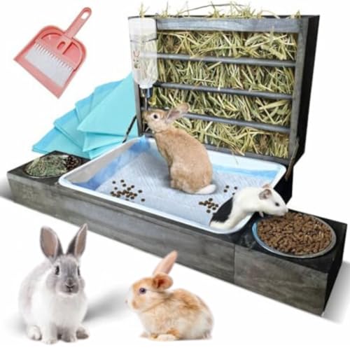 4-in-1 Kaninchentoilette mit Heu-Futterstation für kleine Haustiere – Mehrzweck-Klo aus robustem Holz für Meerschweinchen & Kaninchen, mit Heu-Futterstation und Futter- und Wassernäpfen, Trinkflasche, von Sophie's Pets