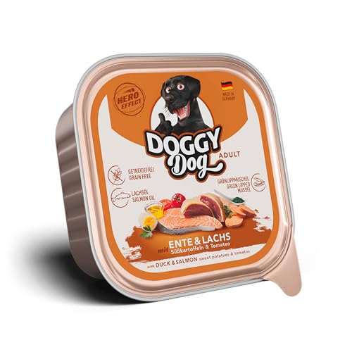 DOGGY Dog Paté Ente & Lachs, 10 x 150 g, Nassfutter für Hunde, getreidefreies Hundefutter mit Lachsöl und Grünlippmuschel, Alleinfuttermittel mit Süßkartoffel und Tomate, Made in Germany von DOGGY Dog