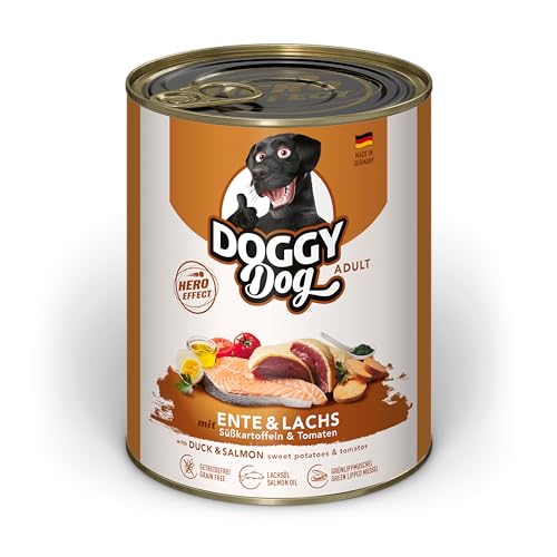 DOGGY Dog Paté Ente & Lachs, 6 x 800 g, Nassfutter für Hunde, getreidefreies Hundefutter mit Lachsöl und Grünlippmuschel, Alleinfuttermittel mit Süßkartoffel und Tomate, Made in Germany von DOGGY Dog