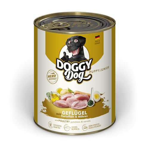 DOGGY Dog Paté Geflügel Puppy/Junior, 6 x 800 g, Nassfutter für junge Hunde, getreidefreies Welpenfutter mit Lachsöl und Grünlippmuschel, Hundefutter mit Kartoffeln und Möhre, Made in Germany von DOGGY Dog