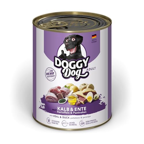 DOGGY Dog Paté Kalb & Ente, 6 x 800 g, Nassfutter für Hunde, getreidefreies Hundefutter mit Lachsöl und Grünlippmuschel, Alleinfuttermittel mit Kartoffeln und Pastinake, Made in Germany von DOGGY Dog