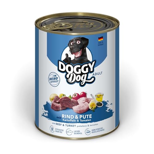 DOGGY Dog Paté Rind & Pute, 6 x 800 g, Nassfutter für Hunde, getreidefreies Hundefutter mit Lachsöl und Grünlippmuschel, Alleinfuttermittel mit Kartoffeln und Tomate, Made in Germany von DOGGY Dog