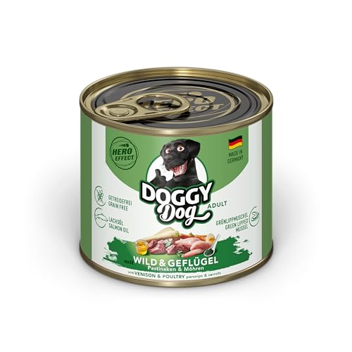 DOGGY Dog Paté Wild & Geflügel, 6 x 200 g, Nassfutter für Hunde, getreidefreies Hundefutter mit Lachsöl und Grünlippmuschel, Alleinfuttermittel mit Pastinake und Möhre, Made in Germany von DOGGY Dog