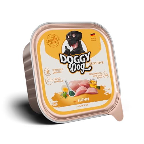 DOGGY Dog Paté Huhn Sensitive, 10 x 150 g, Nassfutter für Hunde, getreidefreies Hundefutter mit Lachsöl und Grünlippmuschel, besonders gut verträgliches Alleinfuttermittel, Made in Germany von DOGGY Dog