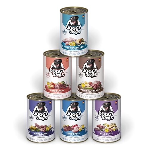 DOGGY Dog Paté Mix 1, 6 x 400 g, Nassfutter für Hunde im Probierpaket, getreidefreies Hundefutter mit Lachsöl und Grünlippmuschel, Alleinfuttermittel mit hohem Fleischanteil, Made in Germany von DOGGY Dog