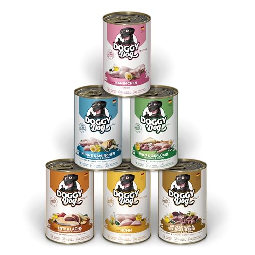 DOGGY Dog Paté Mix 2, 6 x 400 g, Nassfutter für Hunde im Probierpaket, getreidefreies Hundefutter mit Lachsöl und Grünlippmuschel, Alleinfuttermittel mit hohem Fleischanteil, Made in Germany von DOGGY Dog