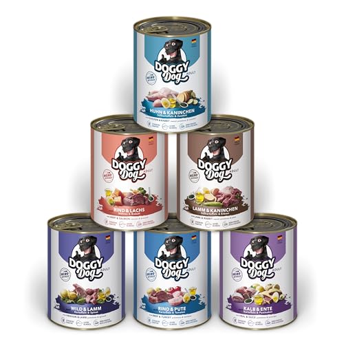 DOGGY Dog Paté Mix 1, 6 x 800 g, Nassfutter für Hunde im Probierpaket, getreidefreies Hundefutter mit Lachsöl und Grünlippmuschel, Alleinfuttermittel mit hohem Fleischanteil, Made in Germany von DOGGY Dog