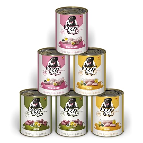 DOGGY Dog Paté Mix Sensitive, 6 x 800 g, Nassfutter für Hunde im Probierpaket, Hundefutter getreidefrei mit Lachsöl und Grünlippmuschel, besonders gut verträgliches Alleinfuttermittel, Made in Germany von DOGGY Dog