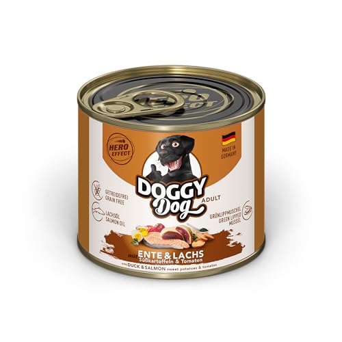 DOGGY Dog Paté Ente & Lachs, 6 x 200 g, Nassfutter für Hunde, getreidefreies Hundefutter mit Lachsöl und Grünlippmuschel, Alleinfuttermittel mit Süßkartoffel und Tomate, Made in Germany von DOGGY Dog