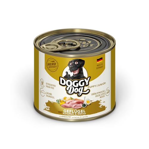 DOGGY Dog Paté Geflügel Puppy/Junior, 6 x 200 g, Nassfutter für junge Hunde, getreidefreies Welpenfutter mit Lachsöl und Grünlippmuschel, Hundefutter mit Kartoffeln und Möhre, Made in Germany von DOGGY Dog