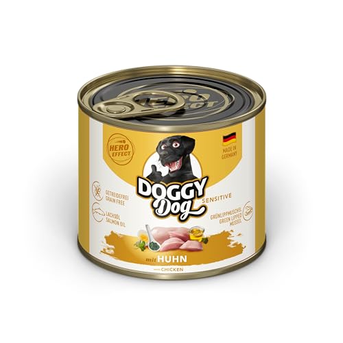 DOGGY Dog Paté Huhn Sensitive, 6 x 200 g, Nassfutter für Hunde, getreidefreies Hundefutter mit Lachsöl und Grünlippmuschel, besonders gut verträgliches Alleinfuttermittel, Made in Germany von DOGGY Dog