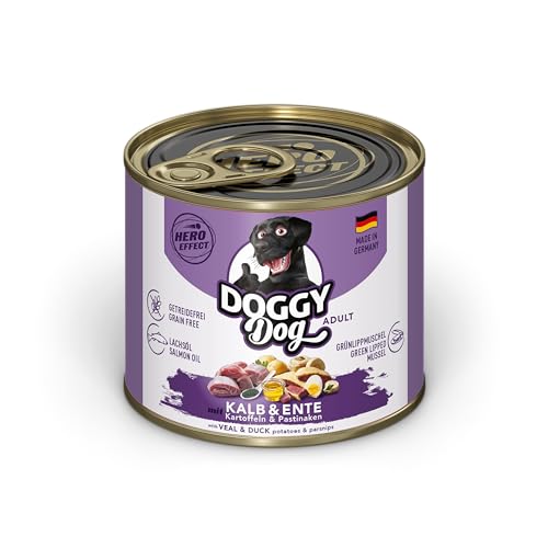 DOGGY Dog Paté Kalb & Ente, 6 x 200 g, Nassfutter für Hunde, getreidefreies Hundefutter mit Lachsöl und Grünlippmuschel, Alleinfuttermittel mit Kartoffeln und Pastinake, Made in Germany von DOGGY Dog