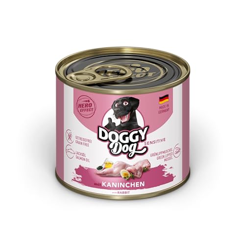 DOGGY Dog Paté Kaninchen Sensitive, 6 x 200 g, Nassfutter für Hunde, getreidefreies Hundefutter mit Lachsöl und Grünlippmuschel, besonders gut verträgliches Alleinfuttermittel, Made in Germany von DOGGY Dog