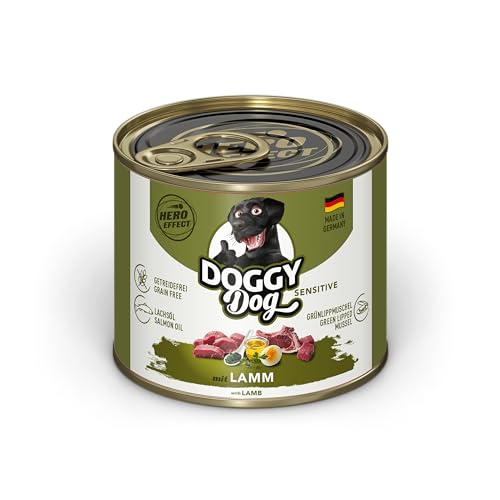 DOGGY Dog Paté Lamm Sensitive, 6 x 200 g, Nassfutter für Hunde, getreidefreies Hundefutter mit Lachsöl und Grünlippmuschel, besonders gut verträgliches Alleinfuttermittel, Made in Germany von DOGGY Dog