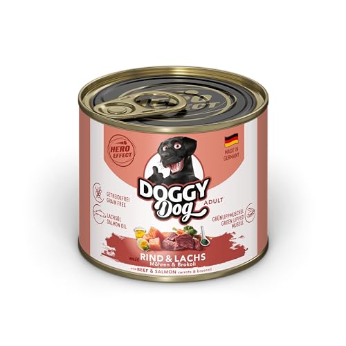 DOGGY Dog Paté Rind & Lachs, 6 x 200 g, Nassfutter für Hunde, getreidefreies Hundefutter mit Lachsöl und Grünlippmuschel, Alleinfuttermittel mit Karotten und Brokkoli, Made in Germany von DOGGY Dog