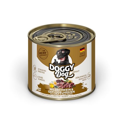 DOGGY Dog Paté Wildschwein & Geflügelherzen, 6 x 200 g, Nassfutter für Hunde, getreidefreies Hundefutter mit Lachsöl, Alleinfuttermittel mit Kartoffeln und rote Beete, Made in Germany von DOGGY Dog