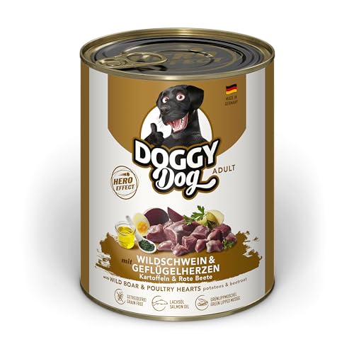 DOGGY Dog Paté Wildschwein & Geflügelherzen, 6 x 800 g, Nassfutter für Hunde, getreidefreies Hundefutter mit Lachsöl und Grünlippmuschel, Alleinfuttermittel mit Kartoffeln und rote Beete, Made in Germany von DOGGY Dog