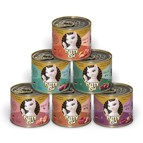 KITTY Cat Paté Mix 2, 6 x 200 g, Nassfutter für Katzen im Probierpaket, getreidefreies Katzenfutter mit Taurin, Lachsöl und Grünlippmuschel, Alleinfuttermittel mit hohem Fleischanteil, Made in Germany von KITTY Cat