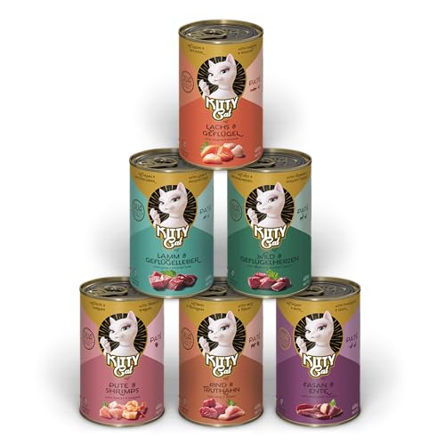 KITTY Cat Paté Mix 2, 6 x 400 g, Nassfutter für Katzen im Probierpaket, getreidefreies Katzenfutter mit Taurin, Lachsöl und Grünlippmuschel, Alleinfuttermittel mit hohem Fleischanteil, Made in Germany von KITTY Cat